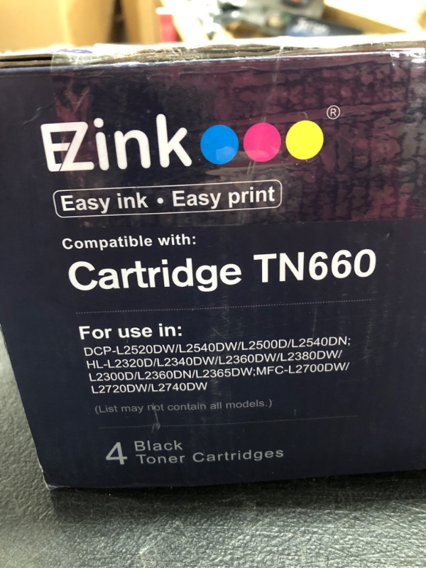 Photo 3 of E-Z Ink (TM) Compatible Toner Cartridge Replacement for Brother TN660 TN630 High Yield to use with HL-L2300D HL-L2380DW HL-L2320D DCP-L2540DW HL-L2340DW HL-L2360DW MFC-L2720DW Printer (Black, 4 Pack). OPEN BOX. 
