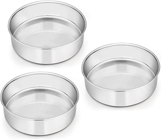 Photo 1 of 7 Inch Cake Pan Set of 3, E-Far Stainless Steel Round Smash Cake Baking Pans Tins, Non-Toxic & Healthy, Mirror Finish & Dishwasher Safe
