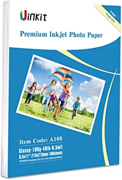 Photo 1 of Uinkit 100 Sheets Inkjet Photo Paper Glossy 8.5x11 49lbs Professional Photographic Paper180Gsm Letter Size 8.5mil Instant Dry Suitable for All Ink Printers
