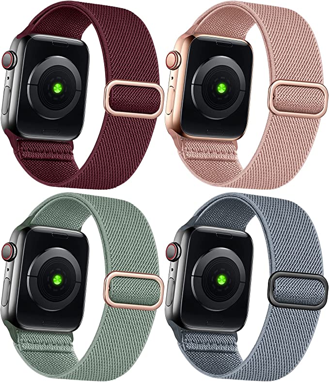 Photo 1 of 4 Pack Stretchy Solo Loop Bands Compatible for Apple Watch 38mm 40mm 41mm 42mm 44mm 45mm, Adjustable Nylon Elastic Braided Women Men Straps for iWatch Series 8/7/6/SE/5/4 3/2/1 Blue Grey