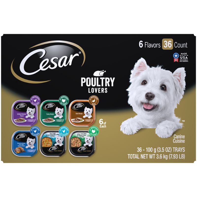 Photo 1 of (36 Pack) CESAR Wet Dog Food Poultry Lovers Variety Pack with Real Chicken Turkey or Duck 3.5 Oz. Easy Peel Trays