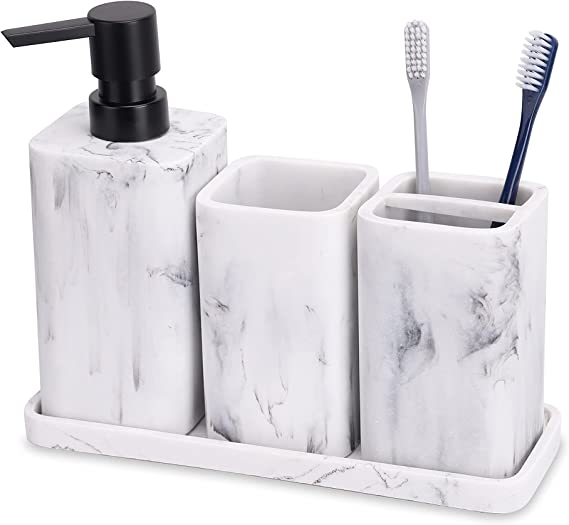 Photo 1 of ZCCZ Bathroom Accessory Sets , 4 Pieces Bathroom Accessories Complete Set Vanity Countertop Accessory Set with Marble Look, Includes Lotion Dispenser Soap Pump, Tumbler, Toothbrush Holder and Tray