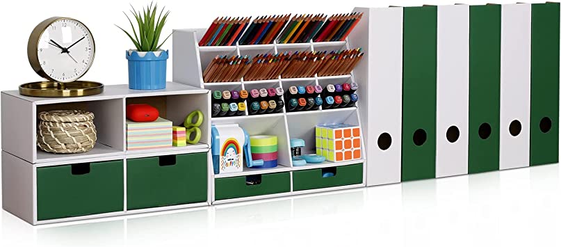 Photo 1 of White Desk Organizer with 4 Drawers, 6 Magazine File Holder Organizer and 16 Compartments - Huge Capacity stationary organizer for Home, School, Office Supplies, FSC Certified Cardboard, DIY Project