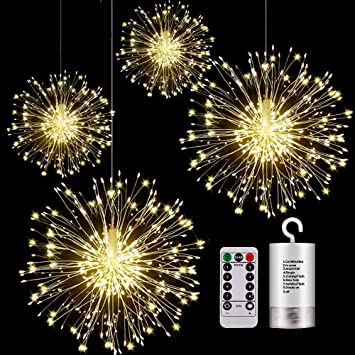 Photo 1 of 4Pcs Firework Lights LED Hanging Starburst Lights Copper Wire LED Lights, Battery Operated Fairy String Lights with Remote, 8 Modes Dimmable Light for Party, Christmas, Outdoor