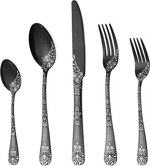 Photo 1 of 20-piece Mirror Silverware Set, Black Flatware Set Service for 4, Stainless Steel Cutlery Set with Unique Pattern Design, Tableware Eating Utensil Set for Kitchen, Dishwasher Safe