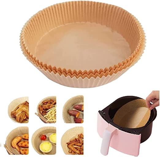 Photo 1 of Air Fryer Disposable Paper Liner, 100Pcs Non-Stick Liners Round, Brown Parchment Paper Baking, Oven Air Fryer Baking Roasting Microwave Frying Pan,Yellow-6.3in/100Pcs