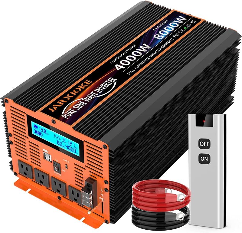 Photo 1 of 4000 Watt Pure Sine Wave Power Inverter 12V DC to 110V 120V Converter for Family RV Off Grid Solar System Car with Type-C Ports 4 AC Power Outlets Dual USB Ports LCD Display Wireless Remote Control
