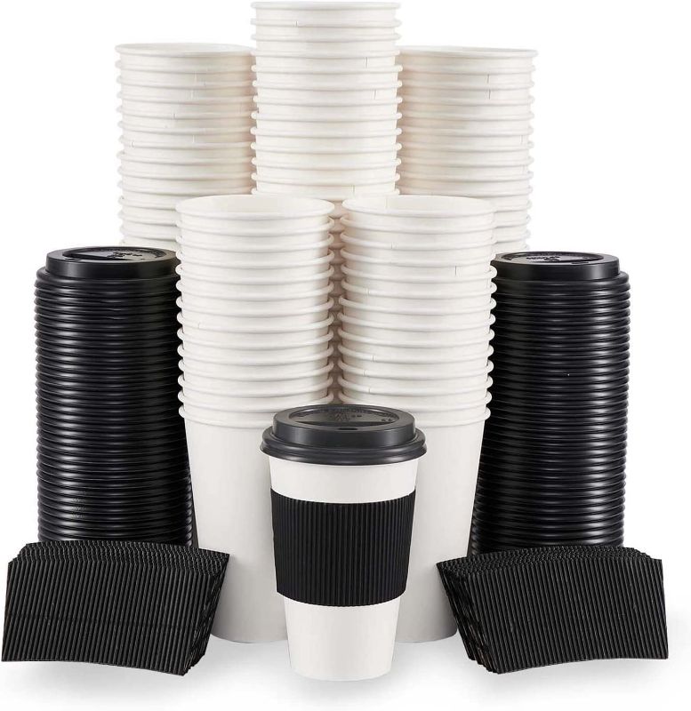 Photo 1 of Lamosi 50 Pack - 12 oz Coffee Cups with Lids, Disposable Paper Cups 12 oz with Lids and Sleeves, To Go Coffee Cups for Hot Beverage, Cold Drinks, Office/Home/Party/Travel
