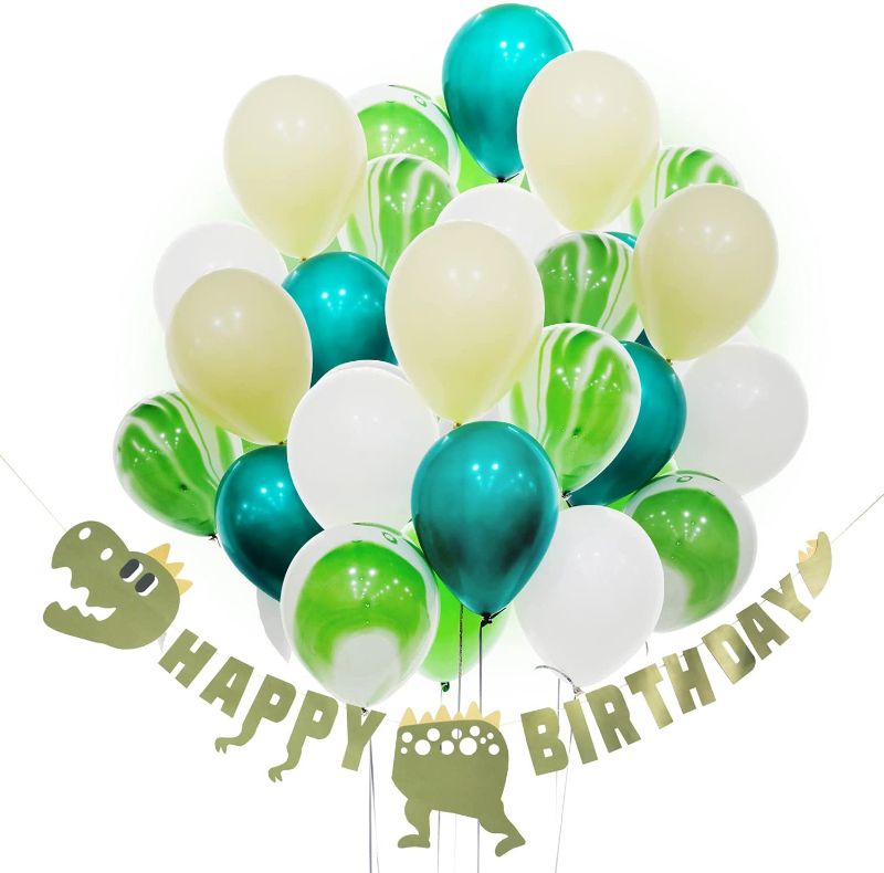 Photo 1 of ebabyland 50psc 12inch Marble Balloon_Green mix + Happy birthday banner Dinosaur set - dinosaur birthday party supplies birthday decorations birthday decorations for boys
