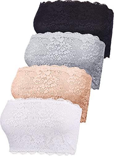 Photo 1 of 4 Pieces Women Lace Bandeau Bra Tube Top Bra Stretchy Strapless Bandeau for Daily Favor
