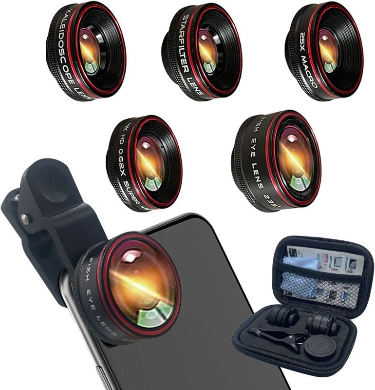 Photo 2 of Phone Camera Lens,Clip on Cell Phone Lens kit 5 in 1, 235° Fisheye Lens + 25X Macro Lens + 0.62X Super Wide Angle Lens,Starlight+Kaleidoscope,for Most iPhone Android Phones and Smartphones
