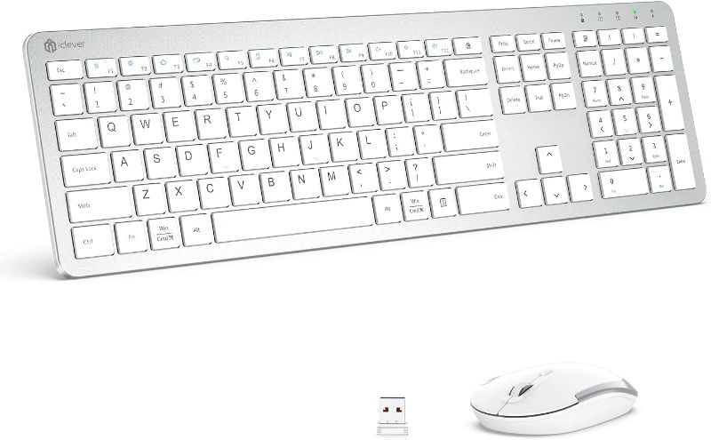 Photo 1 of iClever GK08 Wireless Keyboard and Mouse - Rechargeable Keyboard Ergonomic Quiet Full Size Design with Number Pad, 2.4G Stable Connection Slim White Keyboard and Mouse for Windows Mac OS Computer
