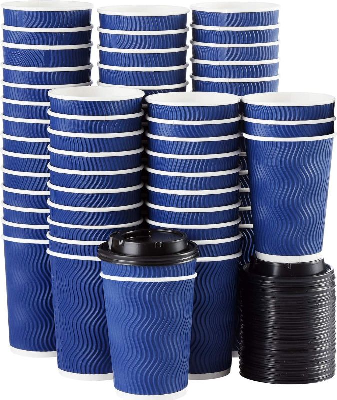 Photo 1 of 80 Pack 12OZ Blue Disposable Coffee Cups with Lids,Insulated Kraft Ripple Wall Disposable Paper Cups,Hot/Cold Beverage Drinking Cup for Water