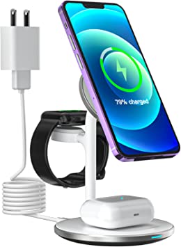 Photo 1 of  3 in 1 Magnetic Wireless Charging Station for Multiple Devices,15W Fast Wireless Charger Compatible with Magsafe for iPhone 14/13/12 Pro Max,iWatch 7/6/SE/5/4/3,Airpods Pro/3 (White)
