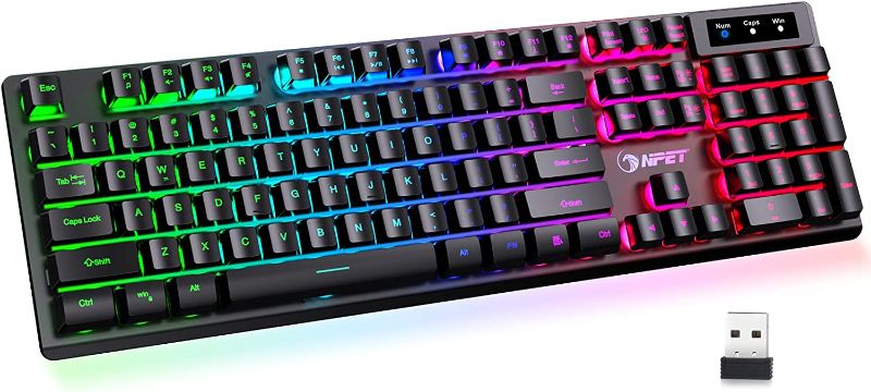 Photo 1 of NPET K11 Wireless Gaming Keyboard RGB with Multimedia Keys - Long-Lasting Rechargeable Battery - Quick and Quiet Typing - Water Resistant Backlit Wireless Keyboard for PC PS5 PS4 Xbox One Mac - Black