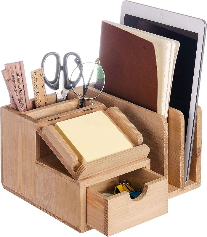 Photo 1 of Liry Products Natural Wood Desk Organizer Storage Cabinet Mail File Paper Sticky Note Memo Pad Folder Office Supplies Caddy Tabletop Holder Accessory Sorter Multiple Compartments with Drawer 