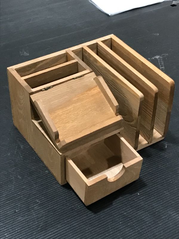 Photo 1 of Liry Products Natural Wood Desk Organizer Storage Cabinet Mail File Paper Sticky Note Memo Pad Folder Office Supplies Caddy Tabletop Holder Accessory Sorter Multiple Compartments with Drawer 