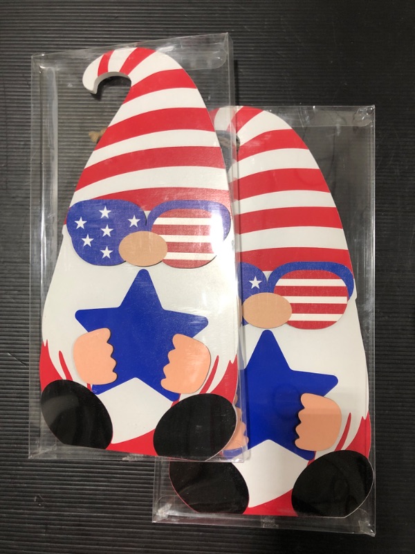 Photo 2 of (2 PACK) DEWBIN 4th of July Decorations, Wood Gnome Hanging Sign, U.S Patriotic Red White and Blue Fourth of July Decor, Fortune & Lucky Welcome Sign for Front Door, Wall, Memorial Day Decorations, Fireplace
