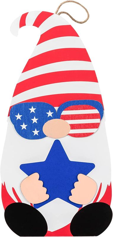 Photo 1 of (2 PACK) DEWBIN 4th of July Decorations, Wood Gnome Hanging Sign, U.S Patriotic Red White and Blue Fourth of July Decor, Fortune & Lucky Welcome Sign for Front Door, Wall, Memorial Day Decorations, Fireplace

