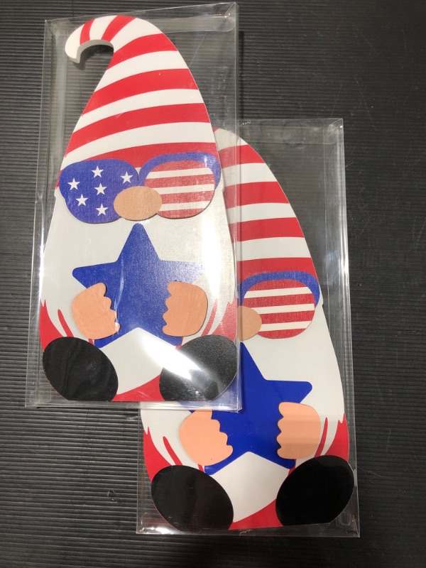 Photo 2 of (2 PACK) DEWBIN 4th of July Decorations, Wood Gnome Hanging Sign, U.S Patriotic Red White and Blue Fourth of July Decor, Fortune & Lucky Welcome Sign for Front Door, Wall, Memorial Day Decorations, Fireplace
