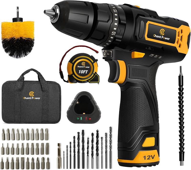 Photo 1 of Cordless Drill, 12V Impact Drill Set with Dual-Speed, 21+1+1 Torque Settings, 3/8’’ Keyless Chuck, 45pcs Accessories Bits, Fast Charger with Tool Bag, C P CHANTPOWER
