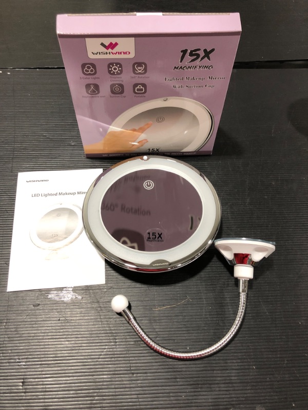 Photo 1 of 15X Magnifying Flexible Gooseneck Lighted Makeup Mirror,8 INCH LED Vanity Mirror with Light,Touch Senser 3 Colors and Stepless Dimming,Suction Cup,for Shower Bathroom Shaving Or Portable Traveling
