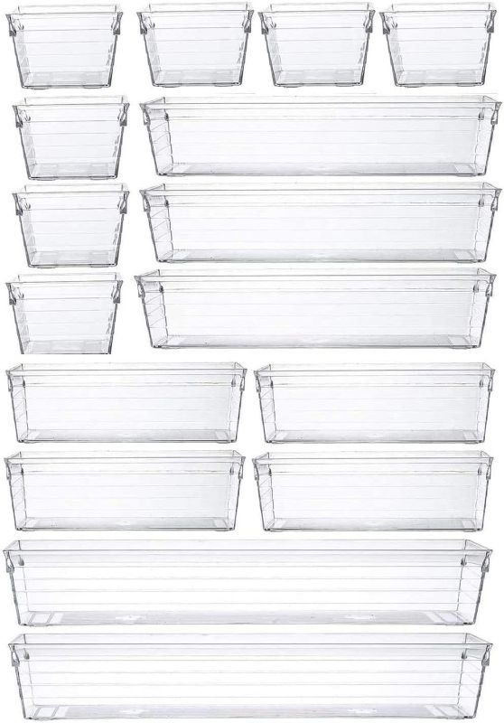 Photo 1 of 16Pcs Clear Drawer Organizer Plastic Desk Drawer Organizer Tray for Makeup, Kitchen Utensils, Jewelries, and Gadgets
