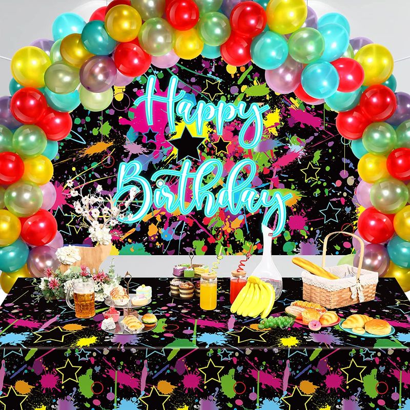 Photo 1 of (2 PACK) 55 Pieces Glow Party Supplies Includes Glow Party Backdrop, Neon Party Tablecloth 108 x 54 Inch 50 Pieces 10 Inch Assorted Color Party Balloons for Neon Glow Birthday Party
