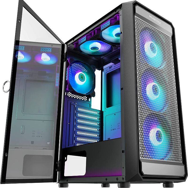 Photo 1 of MUSETEX ATX PC Case Pre-Installed 6Pcs 120mm ARGB Fans, Computer Gaming Cases, Mid Tower Case with Mesh Front Panel and Tempered Glass Side Door,USB 3.0 x 2, Black