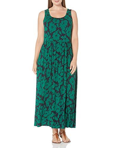 Photo 1 of Amazon Essentials Women's Tank Waisted Maxi Dress (Available in Plus Size), Green/Navy, Abstract Floral, 5X
