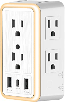 Photo 1 of 6 Hole Plug Extender, USB Wall Charger Surge Protector Multi Socket with Photosensitive Night Light, with 2 USB-A Charging Ports + 1 USB-C Charging Port, White
