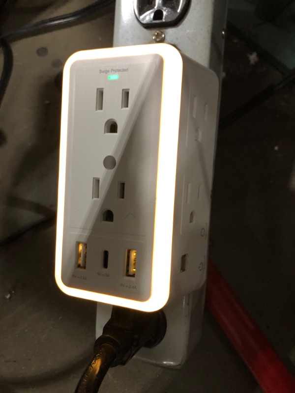 Photo 2 of 6 Hole Plug Extender, USB Wall Charger Surge Protector Multi Socket with Photosensitive Night Light, with 2 USB-A Charging Ports + 1 USB-C Charging Port, White
