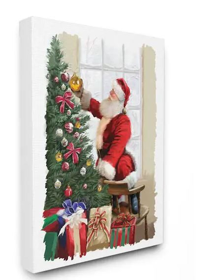 Photo 1 of 16 in. x 20 in."Holiday Santa Decorating Christmas Tree with Gifts Painting" by Artist P.S. Art Canvas Wall Art
