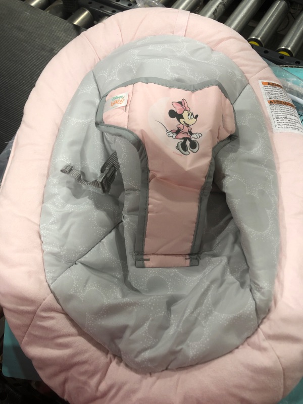 Photo 2 of Bright Starts Minnie Mouse Rosy Skies Baby Bouncer with Vibrating Infant Seat, Music & 3 Playtime Toys, 23x19x23 Inch (Pink)