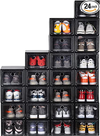 Photo 1 of 24 Pack Shoe Storage Boxes, Shoe Box Clear Plastic Stackable, Drawer Type Front Opening Shoe Holder Containers (Black)
?SIZE: 13.4"L x 9.8"W x 7.1"H