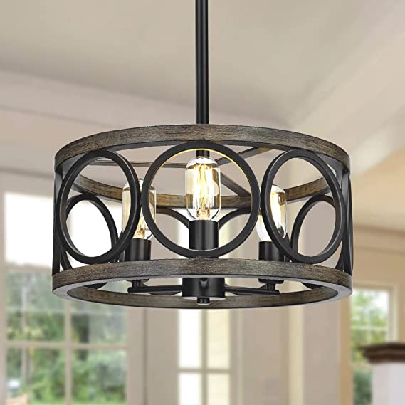 Photo 1 of 16'' Rustic Drum Chandelier, 3-Light Adjustable Height Farmhouse Flush Mount Light, Black Metal Hanging Light Fixture for Dining Room, Kitchen Island, Entryway, Breakfast Area
SIZE 16"L x 16"W x 41"H