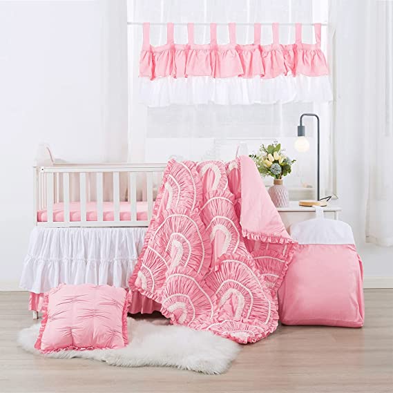 Photo 1 of 5 Pieces 100percent Cotton Toddler Crib Bedding Sets for Girls Pinch Pleat Lightweight Baby Comforter Set Dust Ruffle White Pink Pink and White