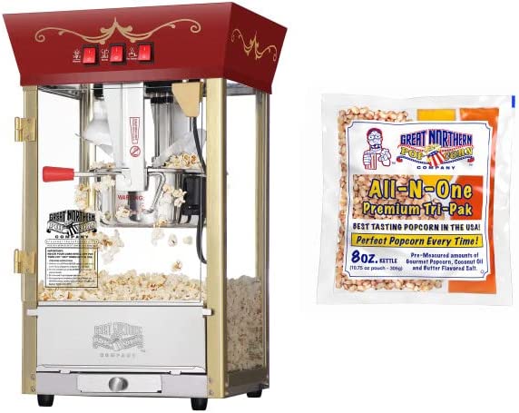 Photo 1 of Matinee Countertop Popcorn Machine – 3 Gallon Popcorn Popper, 8oz Kettle, Warmer, and 24 All-In-One Popcorn Packs by Great Northern Popcorn (Red)
