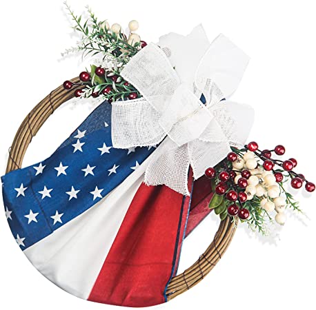 Photo 1 of 4th of July Wreath Patriotic American Wreath, Boxwood Handcrafted Memorial Day Wreath, Hanging Patriotic American Flag Wreath for Indoor Outdoor Front Door Window Wall Decoration