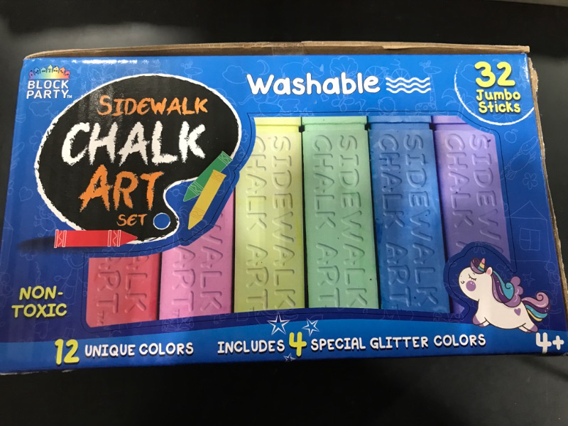 Photo 2 of Block Party Sidewalk Chalk 32-Piece Art Set - BIG BOLD Colors Includes 4 Glitter Chalk That Sparkle, Square Non-Roll Kids Chalk, Washable