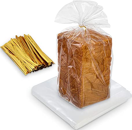 Photo 1 of 300 Sets of Bread Bags with Ties 300 Pieces Clear Bags for Bakery with 300 Pieces Gold Twist Ties Adjustable Bread Storage Bags Reusable Bread Loaf Bags Homemade Bread Storage for Home and Bakery