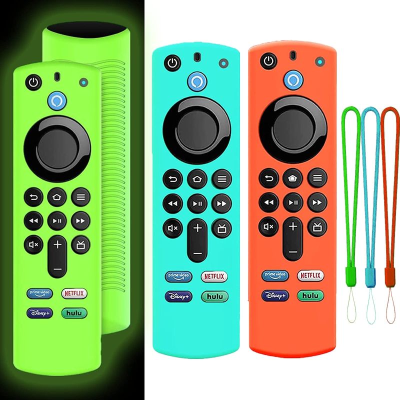 Photo 1 of 3Pack Firstick Remote Cover Case Compatible with Fir tv Stick 4K,Anti-Slip Silicone Protective Case for Alexa tv Stick 4K Max 3rd Gen 2021 Release with Lanyards,Shockproof(Glow Green&Blue&Orange) 