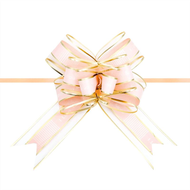 Photo 1 of 10 Pcs 6" Large, Wedding Pull Bow Organza Striped Ribbon String, Pull Bows, String Bows, Basket Pull Bows, Wedding Party Bridal Giftwrap Wrapping Bows -Pink 