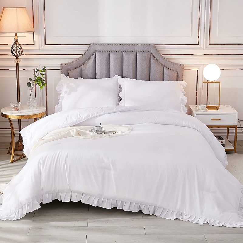 Photo 1 of Andency White Ruffle Comforter Queen(90x90Inch), 3 Pieces(1 Ruffled Comforter and 2 Pillowcases) Farmhouse Shabby Chic Comforter, Vintage Rustic Soft Microfiber Down Alternative Bedding Comforter Set 