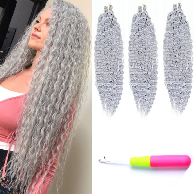 Photo 1 of 30 Inch Ocean Wave Crochet Hair Extensions for Women 3 Packs/Lot Deep Ripple Crochet Twist Braiding Hair Curly Synthetic Braids Hair (30'', Silver gray) 