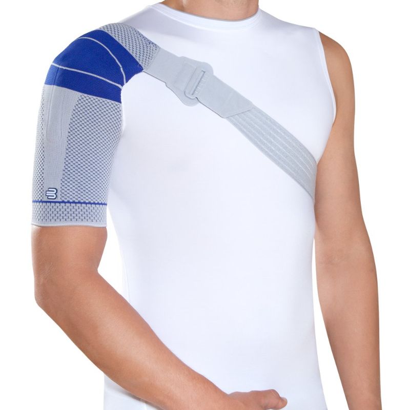 Photo 1 of Bauerfeind OmoTrain S Shoulder Support, Left 0, Titanium/Gray with Blue Accents
