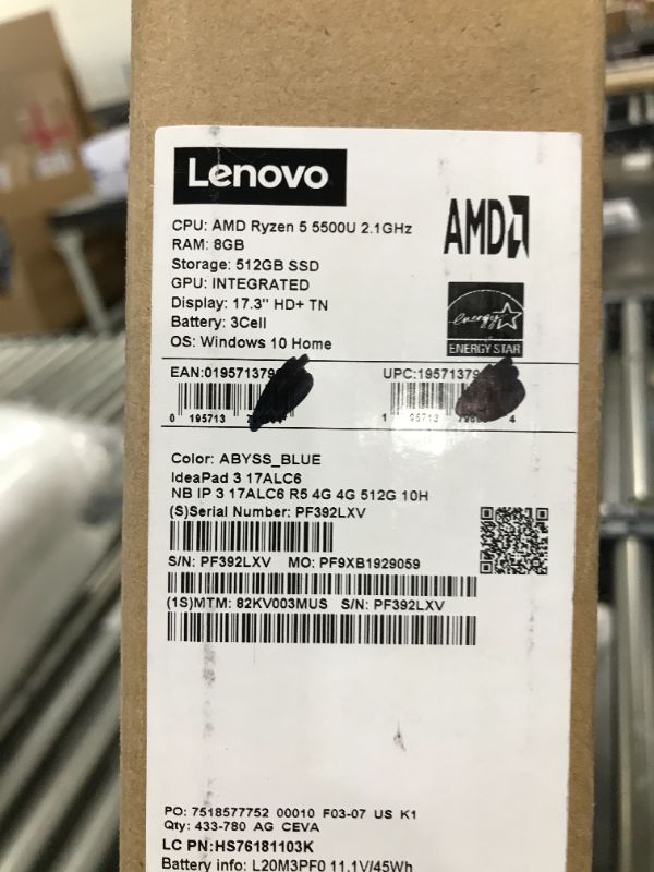 Photo 9 of Lenovo Laptop IdeaPad 3 17ALC6 AMD Ryzen 5 5000 Series 5500U (2.10GHz) 8GB Memory 512 GB PCIe SSD AMD Radeon Graphics 17.3" Windows 11 Home 64-bit 82KV006RUS
