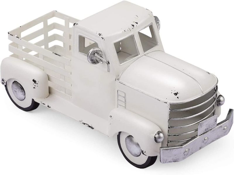 Photo 1 of Giftchy Vintage White Truck Décor, Farmhouse White Truck Spring Decoration, Decorative Tabletop Storage & Pick-up Metal Truck Planter
