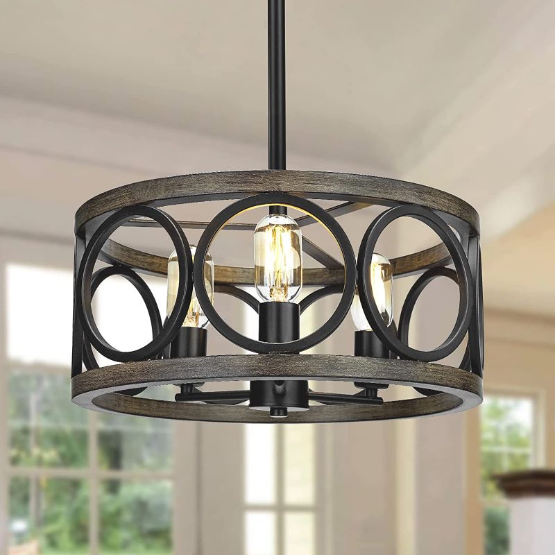 Photo 1 of 16'' Rustic Drum Chandelier, 3-Light Adjustable Height Farmhouse Flush Mount Light, Black Metal Hanging Light Fixture for Dining Room, Kitchen Island, Entryway, Breakfast Area
