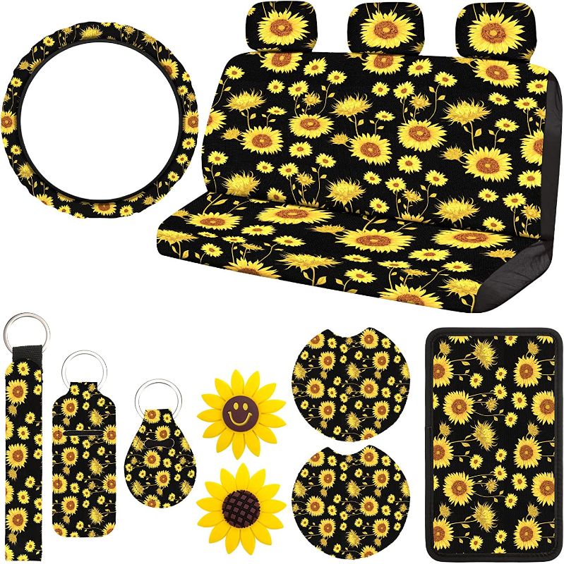 Photo 1 of 14 Pieces Sunflower Car Accessories Including Sunflower Rear Seat Covers Sunflower Steering Wheel Covers Sunflower Center Armrest Pad Covers and Car Air Freshener Sunflower Clips for Car Decor
